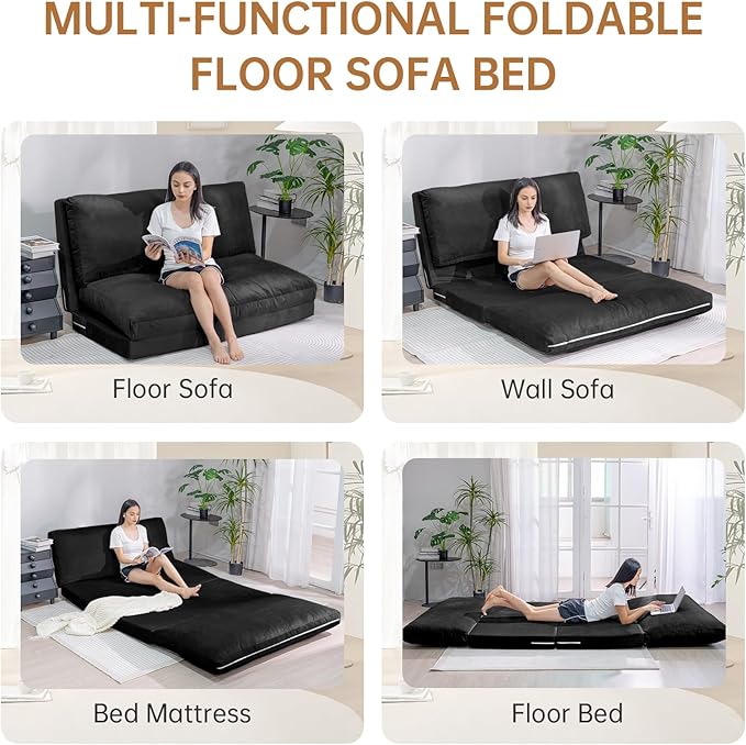Bean Bag Chairs for Adults,Folding Sofa Bed,Floor Couch Bed, Foam Filling Fold Floor Mattress with Washable Soft Faux Fur Cover, Leisure Floor Couch for Bedroom Living Room(Black, Double)