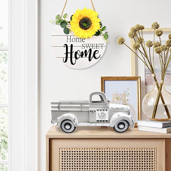 Sunflower Decor 13.4 Inch Vintage White Farmhouse Truck with 12 Magnets Sunflower Kitchen Spring Decorations for Home Shelf Office Metal Pickup Interchangeable Seasonal Decor Garden Truck Planter