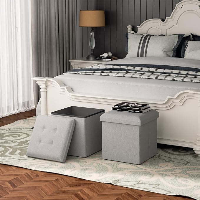 MoNiBloom 15 Inches Storage Ottoman Cube, Folding Square Foot Rest Stool, Small Ottoman Footrest with Storage for Living Room, Bedroom, Entryway, Light Gray