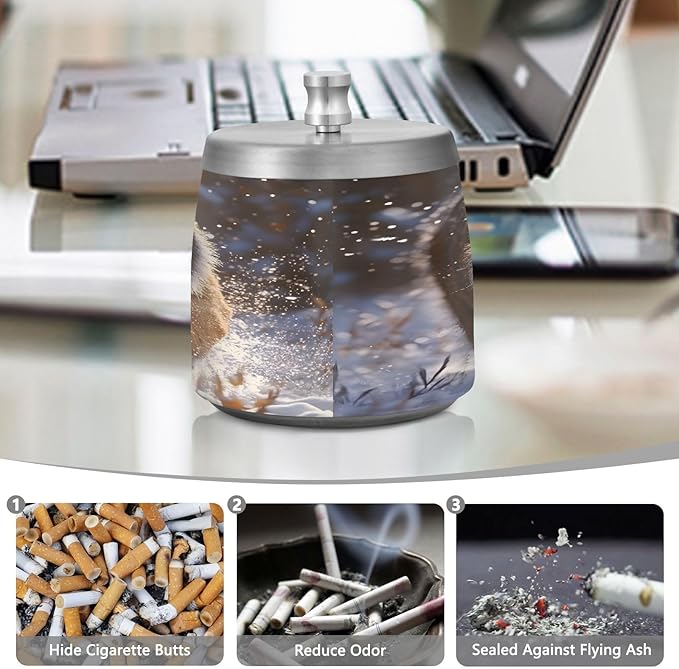Tiger Snow Ashtray with Lid, Outdoor Ashtrays for Patio, Stainless Steel Ashtray Odorless Smokeless for Home Office Balcony