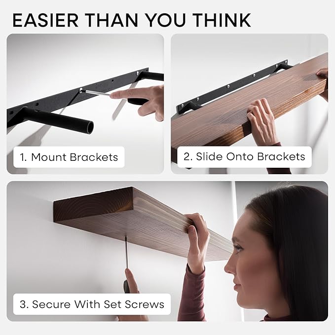 Homeforia Classic Walnut 16 inch Floating Shelf, High End Solid Real Wood Small 16inch Floating Shelves for Wall Mounted, 16in Floating Shelves, Heavy Duty Bracket, 16 X 6.5 X 1.75 inches, Set of 3