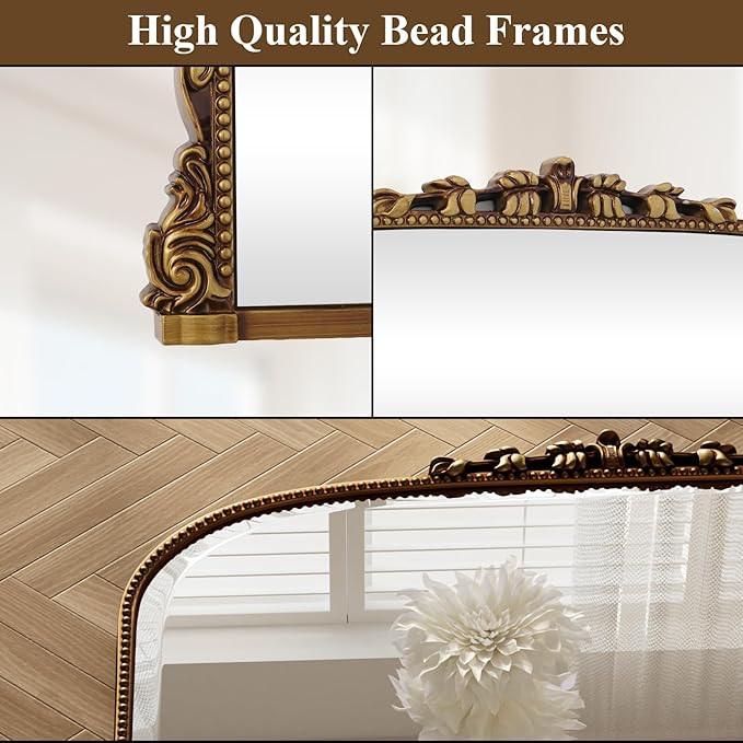 Wall Beaded Mirror, 36 x 27 Inch Round Top Right Angle Wall Mirror, Tempered Glass, Rust Resistant, Horizontally or Vertically Hanging, Gold