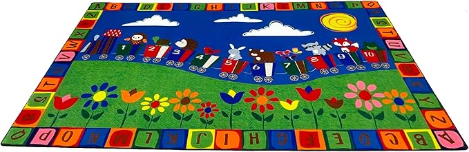 KIDCARPET.COM On The Train Rectangle Classroom Rug | Bordered Area Rug for Preschool Daycare Learning, 6' x 8'6"