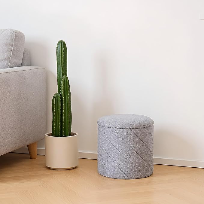 13" Foldable Boucle Round Storage Ottoman,Space-Saving Footrest/Seating/Coffee Table for Small Apartments,Dorms & Bedrooms-Grey