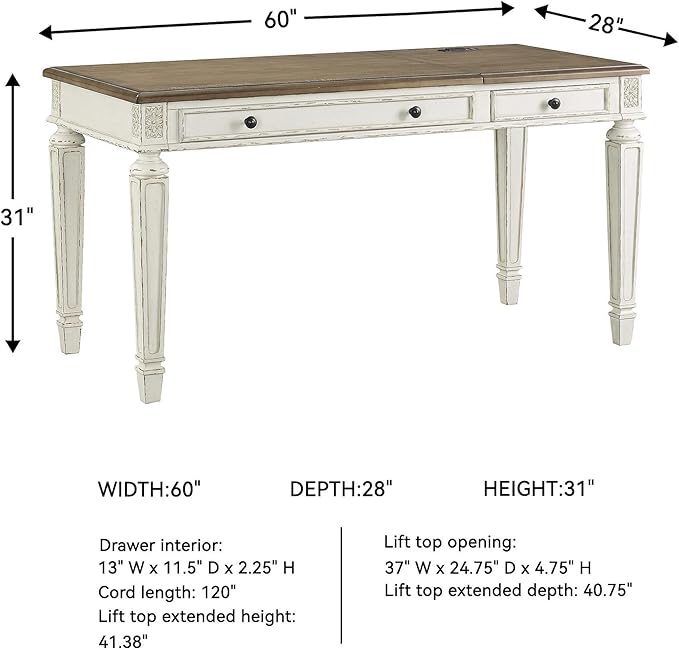 Signature Design by Ashley Realyn Home Office Lift Top Desk, USB Charging, Spring Lift Top, Smooth-gliding Drawer, 60" W x 28" D x 31" H, Chipped White and Brown