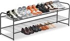 KEETDY 2-Tier Long Shoe Rack for Closet Metal Shoe Organizer for Entryway, Wide Stackable Shoe Storage Shelf with Sturdy Wire Grid for Closet Floor, Bedroom, Black