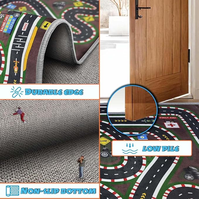 Kids Rug,Children's Room Rug,Road Race Play Rugs, Rail City Living Rugs, Washable Non-Slip Play Mats. (Crimson, 39x59in)