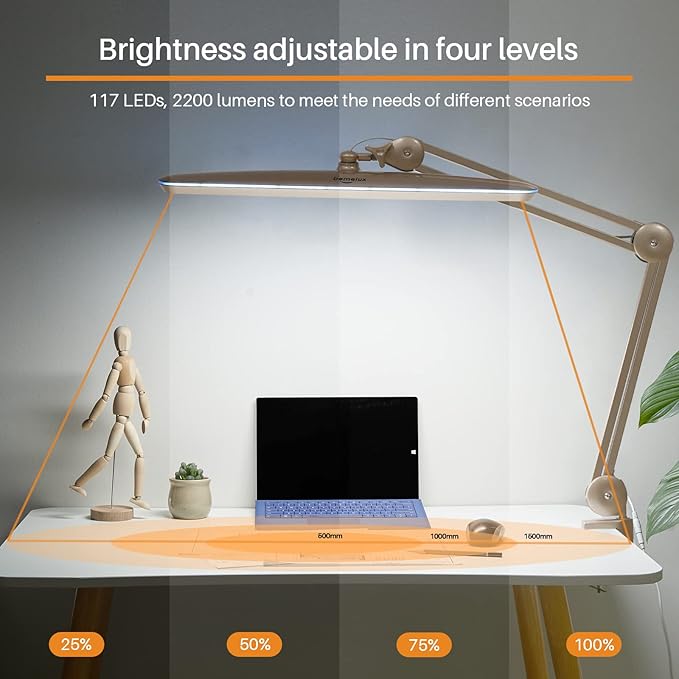 Task Lamp with Clamp, Bright 117PCS LEDs, Metal Swing Arm 24W 2200 Lumen Dimmable Led Desk Lamp for Architect Home Office Study Reading Dorm Workbench Craft, 23 Inch Working Lamp(Gold)