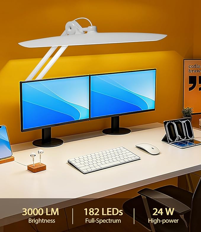 Led Desk Lamp with Clamp, Eye Caring Architect Desk Light for Home Office, Dual Screen Computer Monitor Gooseneck Adjustable Arm 20" LED Lamp, Stepless Dimming, for Reading, Study, Workbench