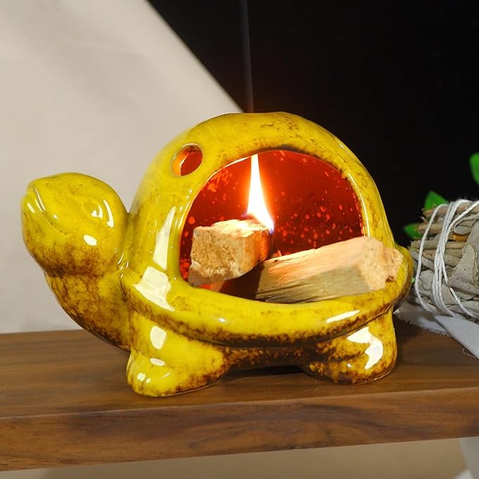 Yellow Ceramic Turtle Palo Santo Burner Holder-Mini Chiminea Incense Dish for Burning Smudge Sticks、Sage、Aromatic Santos、 Incense Cones Fits Altar &Zen Spaces,Unique Gift for Friends & Family