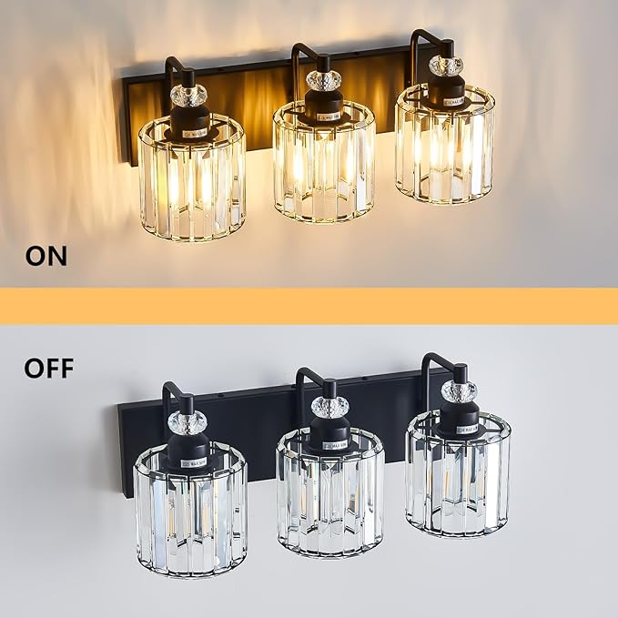 3-Light Black Bathroom Light Fixtures Over Mirror Modern Vanity Lights Crystal Wall Sconce Vintage Bathroom Lighting with Crystal Shade E26 Base for Bedroom, Living Room, Hallway
