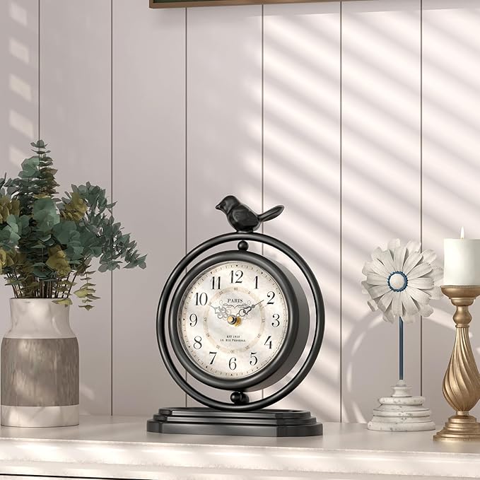 Black Vintage Table Clock with Bird, European Retro Style Mantel Clocks, Desk and Shelf Decor Clock, for Living Room, Farmhouse, Bedside, Bedroom, Gift (7.9" H x 6.3" W)
