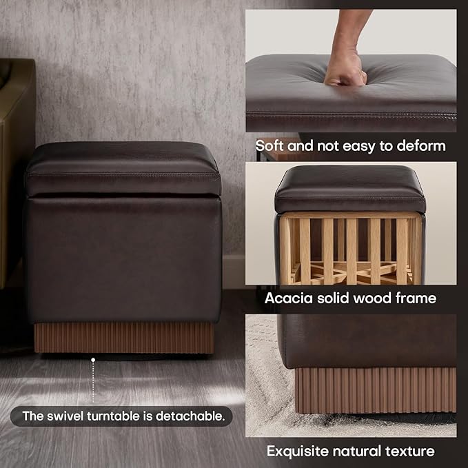 Swivel Storage Ottoman with Hidden Compartment, Square Faux Leather Footstool, Solid Acacia Wood Frame, 500 lbs Capacity, No Assembly Required, for Living Room & Bedroom