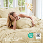 Sasttie Queen Comforter Set, 7-Piece Bed in a Bag, Pintuck Bedding Sets for All Season, Includes Comforter, Flat Sheet, Fitted Sheet, Pillowcases and Pillowshams, Pale Yellow
