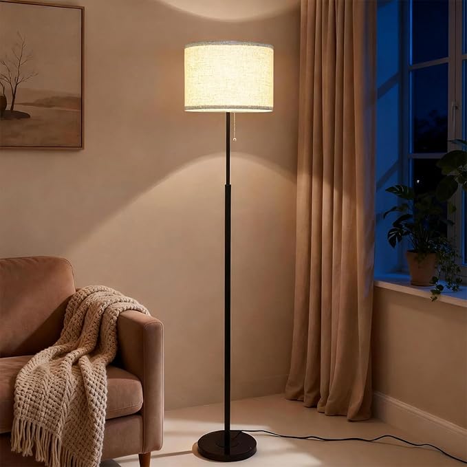 Modern Floor Lamp for Living Room with Beige Shade, Pull Chain Switch, 66" Tall Industrial Floor Lamps Reading with Marble Base for Bedroom Office (9W LED Bulb Included) -Black