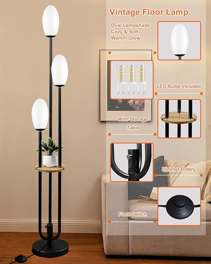 Lightdot Black Dimmable Floor Lamp with Table, 63IN Mid-Century Oval Floor Lamps with BulbsIncluded, 3-Lights Candle Holder Style Modern Tall Standing Lamp for Living Room/Sofa Beside/Corner Decor