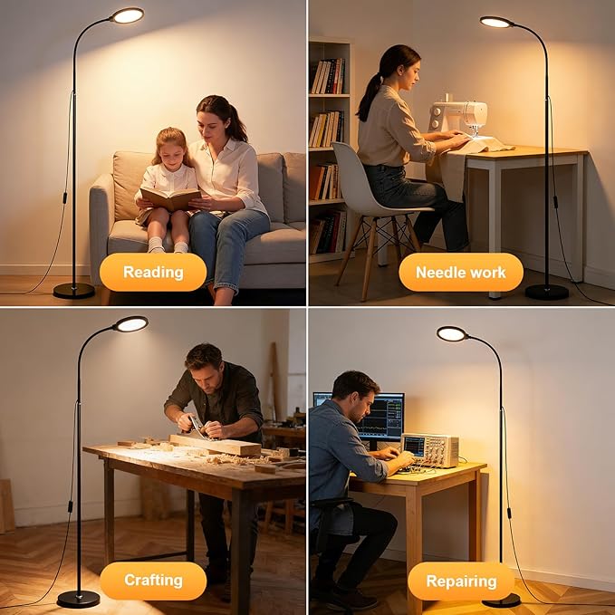 Modern Black Bright Eye Protection Floor Lamp, 62.6“ Adjustable Gooseneck Standing Lamp with Dimmer & Color Temperature, Tall LED Corner Lamp for Living Room, Bedroom Office Reading, Tattoo Light
