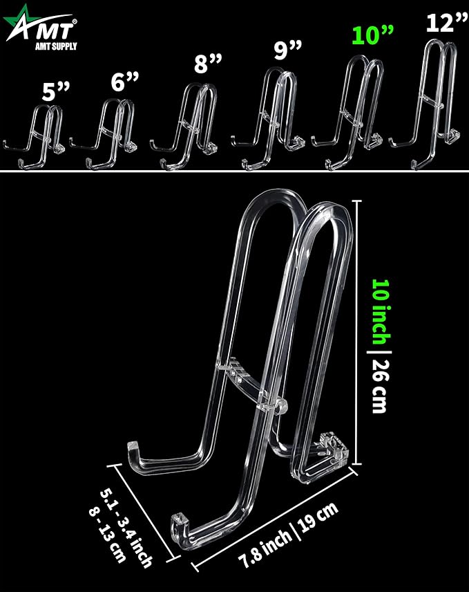AMT 10 Inch 2 Pack Plate Stands for Display - Holder Stand + Acrylic Frame Holder Picture, Decorative Plate, Book, Photo Easel