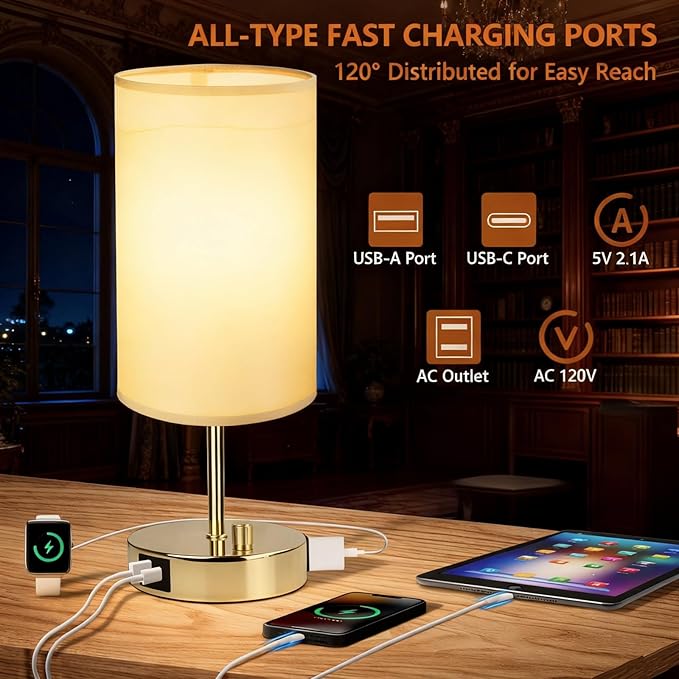 HiBay 2-Pack 17.75" Dimmable Bedside Table Lamps with 2 USB Charging Ports & AC Outlet, Vintage Gold Nightstand Lights with Parchment Shade for Bedroom Kids Room Dorm, Bulb Included