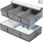 2 Packs Under Bed Storage Containers, Foldable Clothes Draw Organizers with Adjustable Dividers, Handles, Clear Window, Closet Storage Bins for Clothing, Shoes, Blankets
