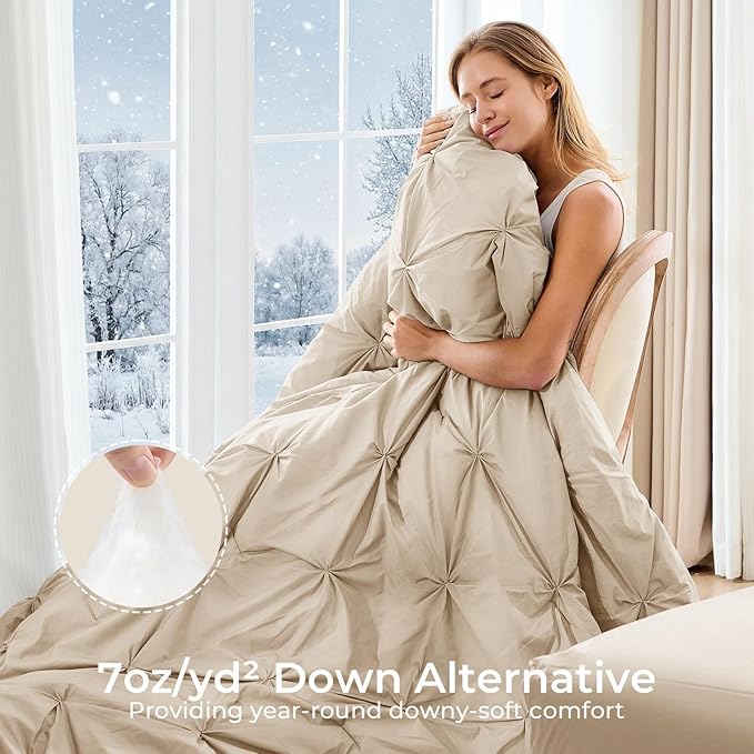 Sasttie Full Size Comforter Set, 7-Piece Bed in a Bag Double, Pintuck Bedding Set for All Season, Includes Comforter, Flat Sheet, Fitted Sheet, Pillowcases and Pillowshams, Warm Beige
