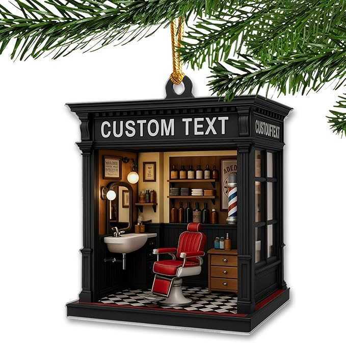 Personalized Barbershop Christmas Ornament 2025, Custom Name Hair Salon Decor, 2D Flat Acrylic Holiday Tree Ornament, Gift for Barber & Stylist
