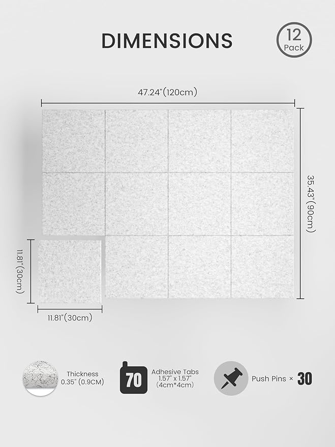 Bumusty Large Cork Board 48" x 36" Alternative - 12 Pack Felt Wall Tiles with 70 Safe Removable Adhesive Tabs, 30 Pushpins, Cork Boards for Walls Pin Board Bulletin Board Office Decor (Marble Gray)