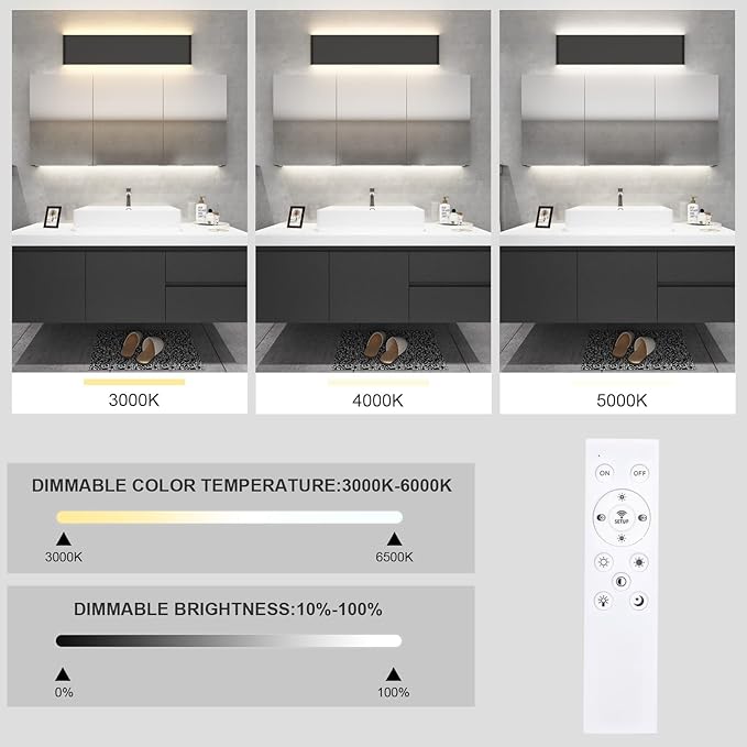 Aipsun 24in Remote Control Dimmable Modern Black Vanity Light Fixtures Color Temperature Adjustable LED Bathroom Light Fixture