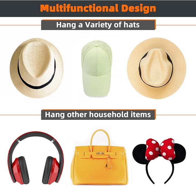 10 PCS Adhesive Hat Hooks for Wall, Strong Hold Hat Hangers, Minimalist Hat Rack Design, No Drilling, Hat Hooks for Baseball Caps, Hat Holder Organizer for Wall, Door, Closet, Office, Bedroom