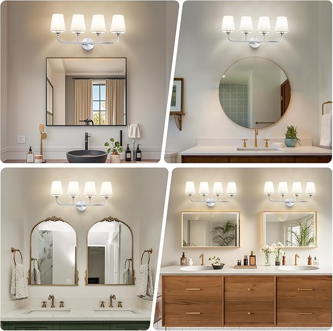 Kvhilw Bathroom Vanity Light, Brushed Nickel Bathroom Light Fixtures, 4-Light Lighting Fixtures Over Miror, Modern Wall Sconce with Flared White Fabric Shade, E26 Socket(ETL Listed)