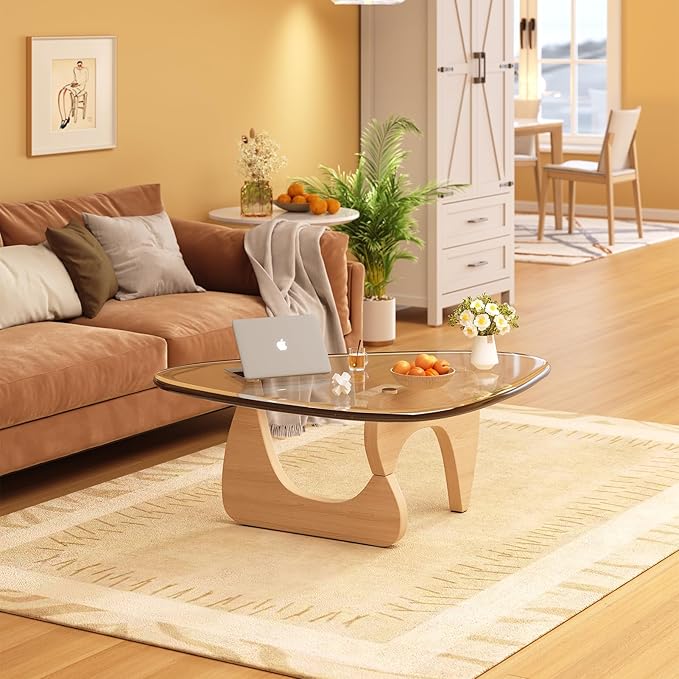 Coffee Table for Living Room Mid Century Modern Center Small Table with Glass Top and Wood, Original Transparent