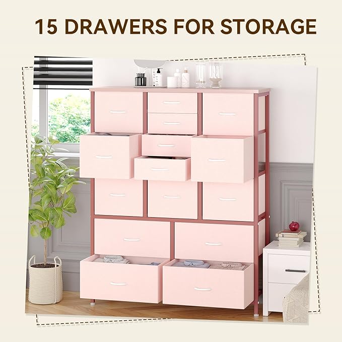 GarveeHome 15 Drawers Dressers, Chest of Drawers with Wood Tabletop, Metal Frame, Storage Organizer Unit with Fabric, Tall Dressers for Bedroom Living Room Hallway Entryway, Pink