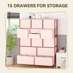 GarveeHome 15 Drawers Dressers, Chest of Drawers with Wood Tabletop, Metal Frame, Storage Organizer Unit with Fabric, Tall Dressers for Bedroom Living Room Hallway Entryway, Pink
