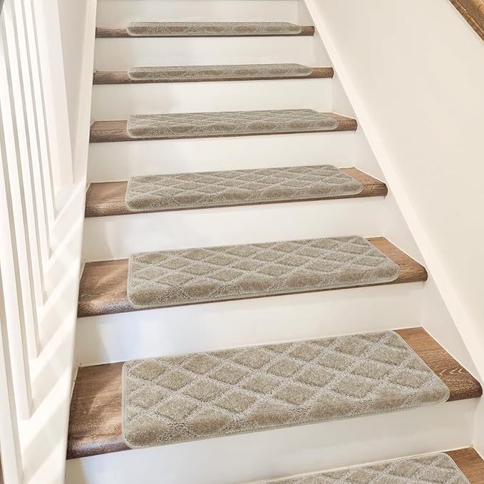 PURE ERA Bullnose Carpet Stair Treads Tape Free Non-Slip Indoor Stair Protectors Pet Friendly Stair Treads for Wooden Steps 9.5" x 30"(2 Pieces, Cream Gray Diamond Trellis)