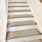 PURE ERA Bullnose Carpet Stair Treads Tape Free Non-Slip Indoor Stair Protectors Pet Friendly Stair Treads for Wooden Steps 9.5" x 30"(14 Pieces, Cream Gray Diamond Trellis)