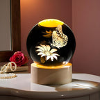 3D Butterfly Flower Crystal Ball with Wooden Light Base Glass Butterfly Figurine Gifts for Women Mom Butterfly Statue Home Decor on Mother's Day Birthday Valentine Christmas (Diameter 2.36 inches)
