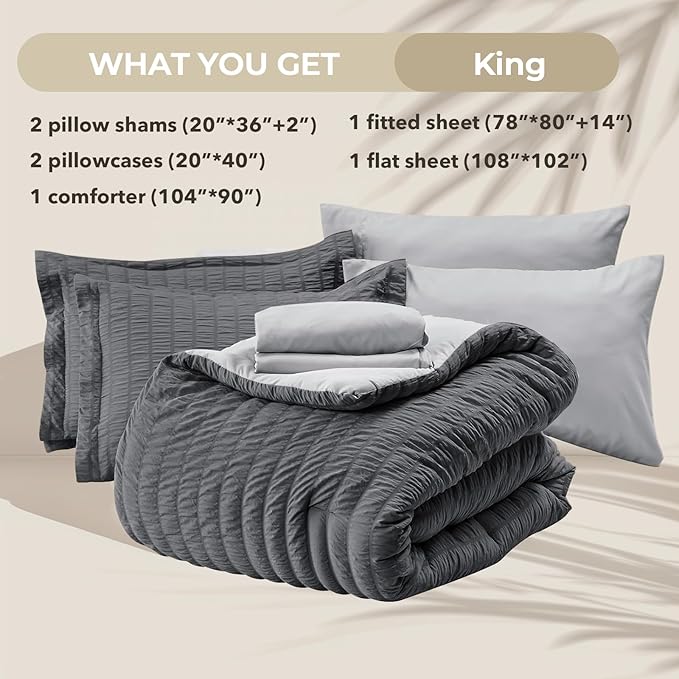 HYMOKEGE Dark Grey/Light Grey King Size Comforter Set Seersucker 7 Pieces, All Season Luxury Bed in a Bag for Bedroom, Bedding Set with Comforter, Sheets, Pillowcases & Shams