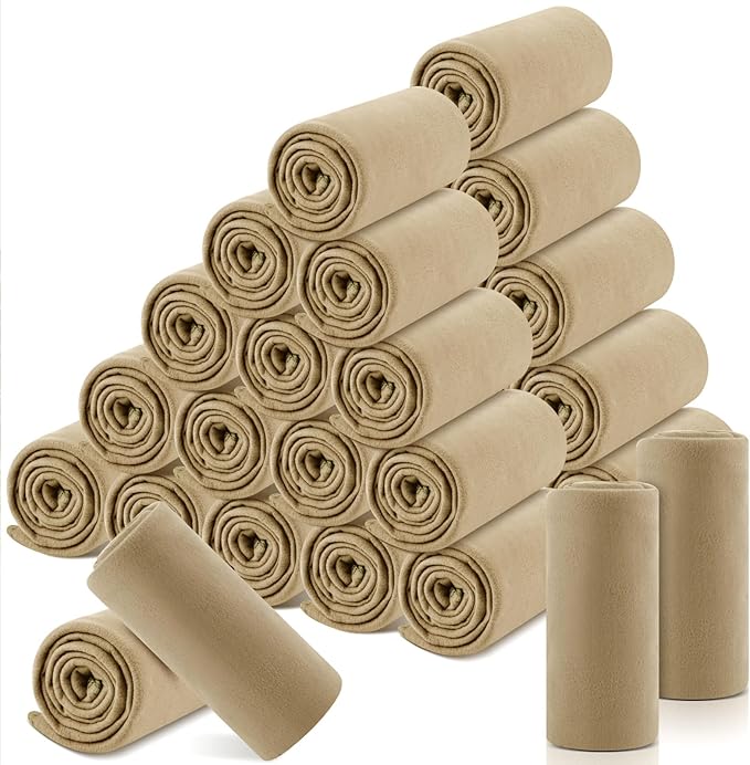 Newwiee 24 Pcs Fleece Throw Blankets Bulk 50'' x 60'' Oeko-tex Standard 100 Certified Spring Outdoor Wedding Guest Blankets Lightweight for Sleepover Donation Lap Pet Sofa Home (Khaki)