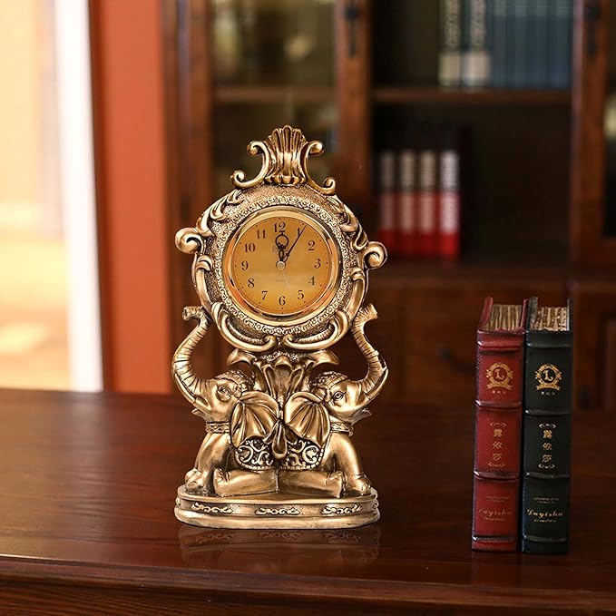 rnuie Desk Clock for Mantle Decor, Vintage Elephant Table Clock Battery Operated, Bronze Elephant Statue Mantel Clock for Living Room, Shelf, Fireplace, Home, Table Top Decor