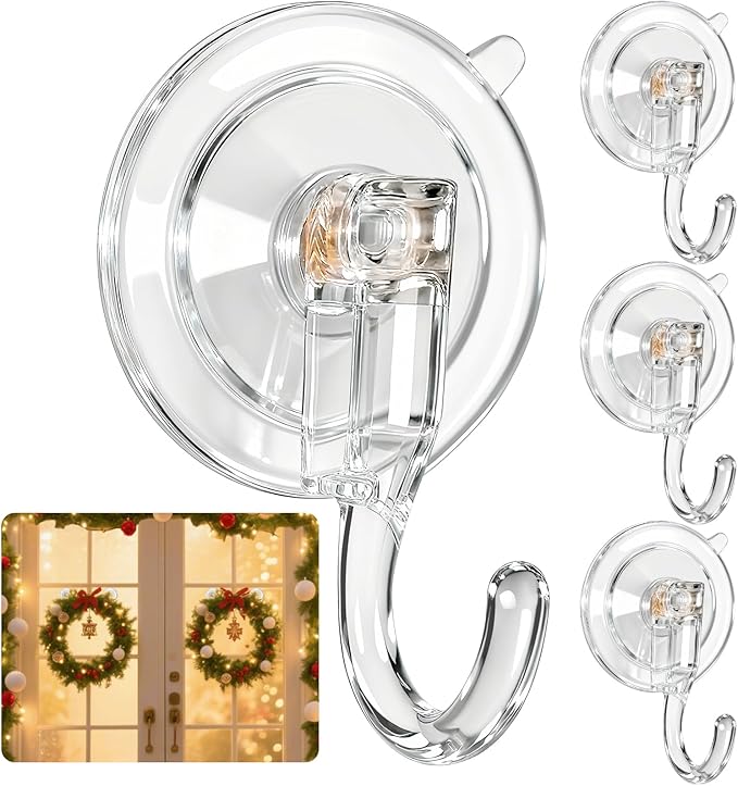 Wreath Hangers for Front Door, Clear Suction-Cup-Hooks Wreath-Door-Hanger on Glass Window,Christmas Decorations Indoor Outdoor Over The Doors Xmas Thanksgiving Hooks ,Removable and Reusable, 4 Pack