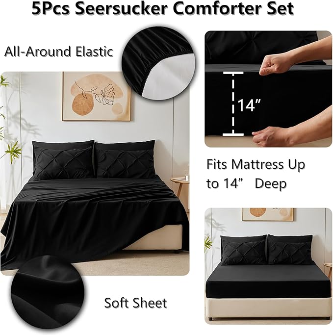 CozyLux Twin XL Comforter Set Black, 5 Pieces Twin Extra Long Pintuck Bed in A Bag for College Dorm, Pinch Pleat Bedding Set with Comforter, Sheets, Pillowcase & Sham