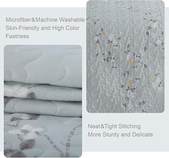 Exclusivo Mezcla Reversible Boho Quilts King Size, Light Blue Bedspreads Lightweight Coverlet All Season Flowers Quilt Bedding Set with Printed Floral Pattern (1 Quilt, 2 Pillow Shams)