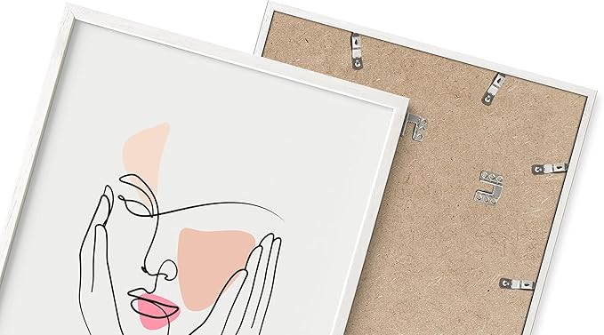 Aesthetic Face Wall Art Hands on Cheeks Continuous Line Drawing Abstract Pink Shapes 24x36 Inch Oak Wood White Framed Modern Portrait for Bedroom Vanity