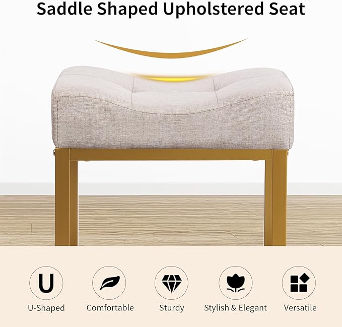 Saddle Seat Vanity Stool, Makeup Stool Chair with Metal Leg, U-Shaped Ottoman Foot Rest, Small Square Chairs Under Desk for Vanity, Living Room, Modern Makeup Bench Linen Light Brown&Gold
