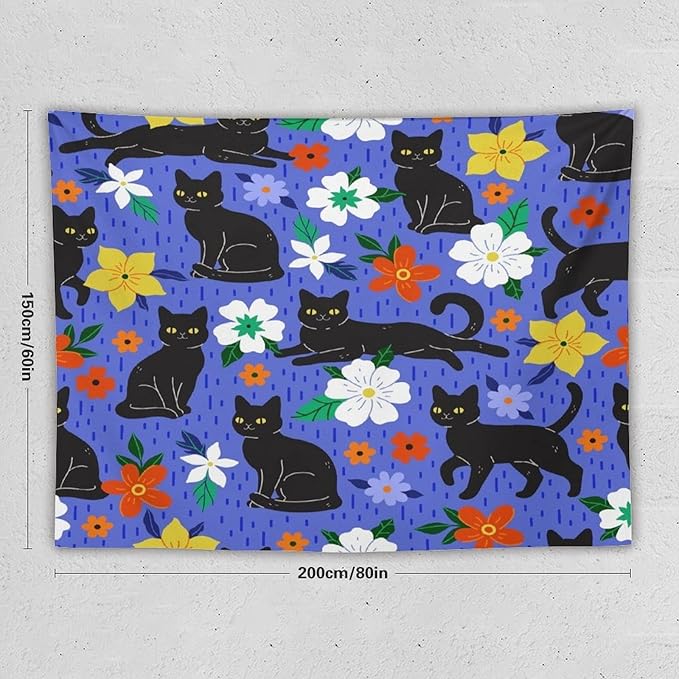 VUMIVI Black Cat Floral Tapestry Red White Hand-Painted Flowers Cute Animals Kids' Doodles Tapestry Wall Hanging for Living Room Bedroom Dorm Classroom Aesthetic Decor W80xL60in