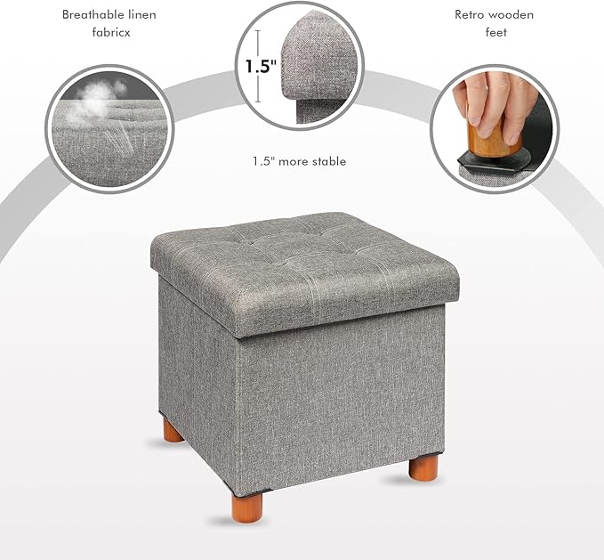 B FSOBEIIALEO Storage Ottoman with Tray, Foot Stools and Ottomans with Legs, Storage Cube Seat Linen Grey 15"