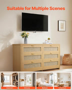 VEVOR Large Boho Dresser for Bedroom, 57" Wide Rattan Dresser 6 Drawer with Ample Storage, Modern Wooden Chest of Drawers Closet TV Stand Dressers for Living Room, Natural Oak
