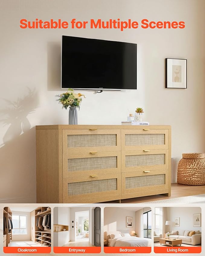 VEVOR Large Boho Dresser for Bedroom, 57" Wide Rattan Dresser 6 Drawer with Ample Storage, Modern Wooden Chest of Drawers Closet TV Stand Dressers for Living Room, Natural Oak