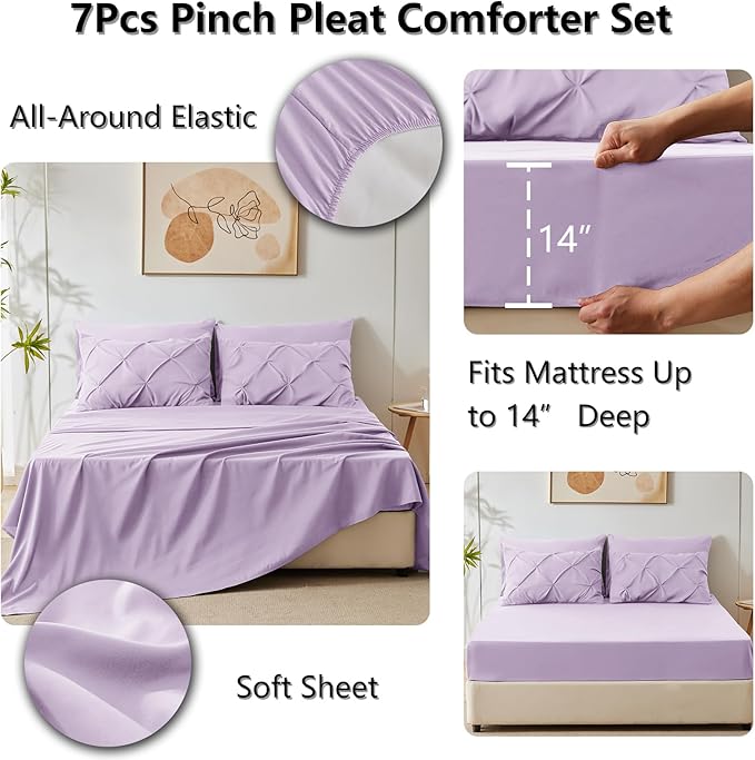 CozyLux King Size Comforter Set Lavender, 7 Pieces Bed in A Bag Light Purple Comforter King Size, Pinch Pleat Bedding Set with All Season Comforter, Sheets, Pillowcases & Shams