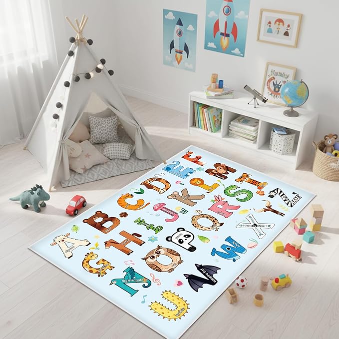 Baby Play Mat, ABC Rug for Kids Playroom, Non Slip Washable Toddler Floor Mat, Alphabet Numbers Colors Learning Classroom Rug for Nursery or Preschool, 4x6 ft